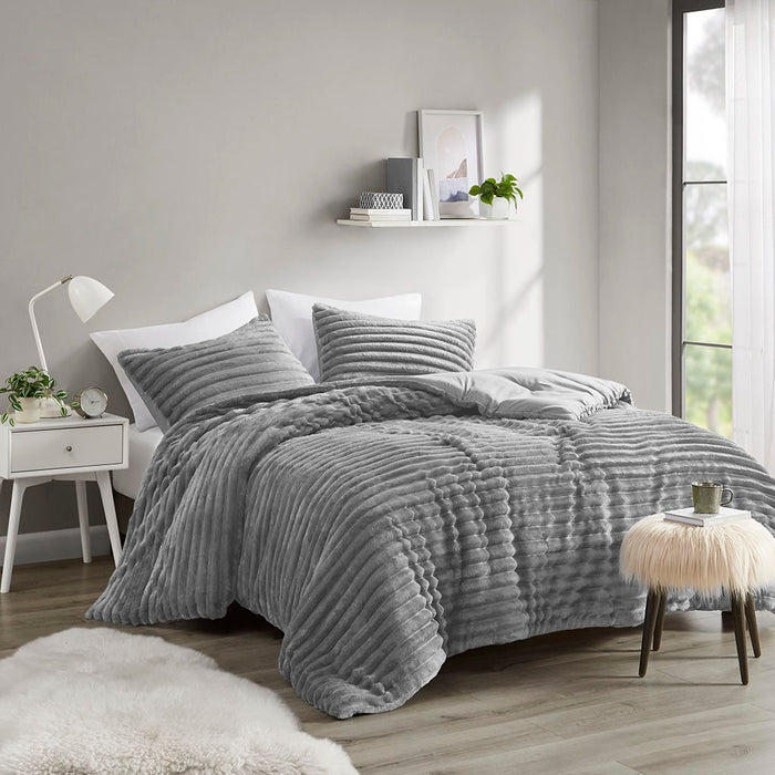 Avril - 3 Piece Corded Plush King Comforter Set - Gray