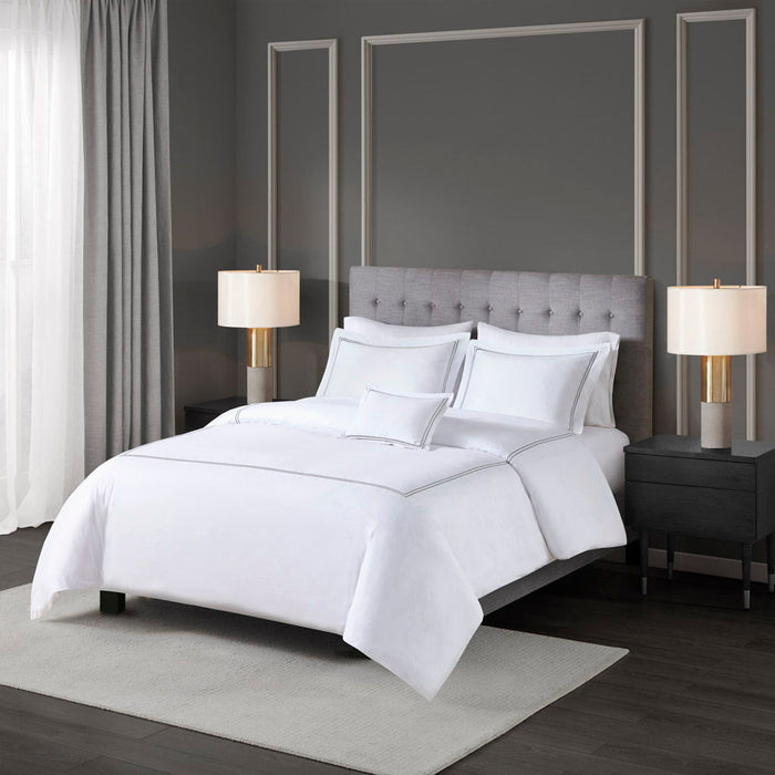 500 Thread Count Luxury - King Sateen Embroidered Duvet Cover Set - White/Grey