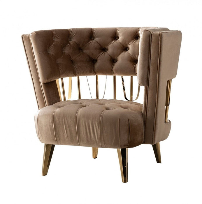 Velvet And Gold Exposed Back Accent Chair - Dark Beige