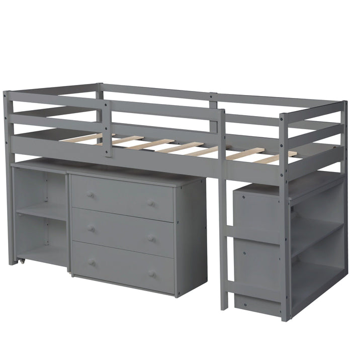 Low Twin Loft Bed With Cabinet and Desk - Gray