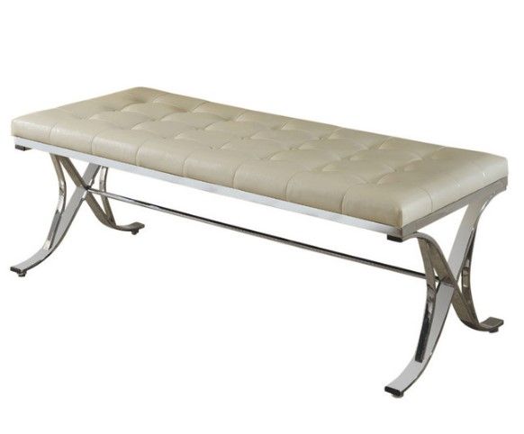 Upholstered Faux Leather Bench - Beige / Silver