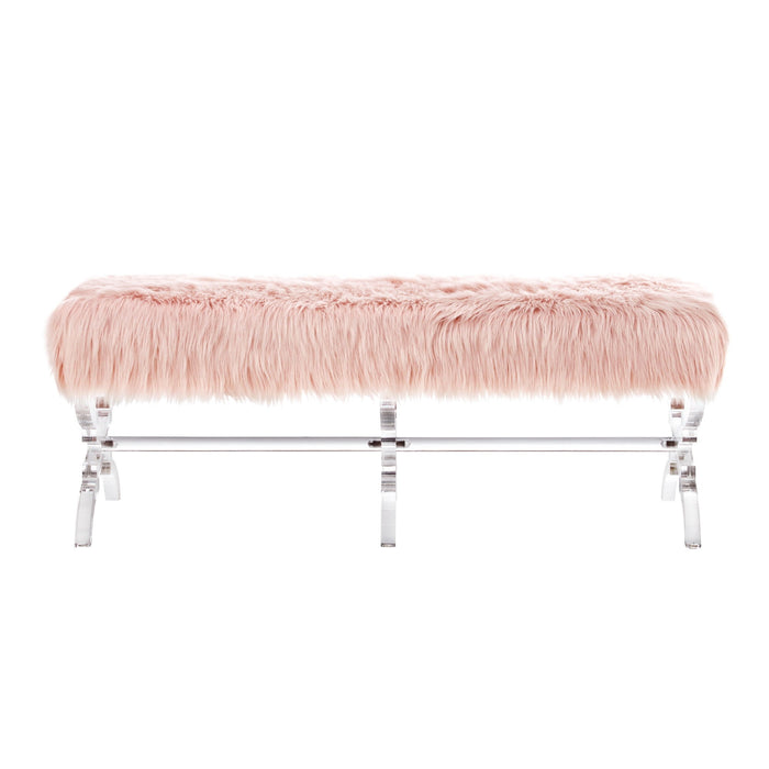 Upholstered Faux Fur Bench - Rose / Clear