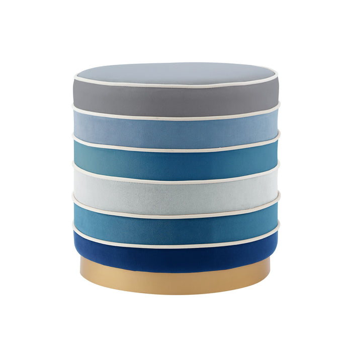 Velvet Round Striped Ottoman - Blue / Gold