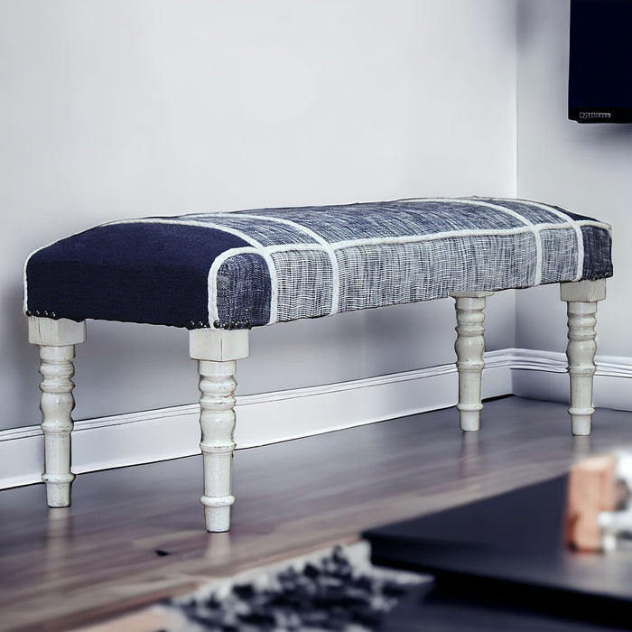 Textural White Leg Upholstered Bench - Blue / Gray