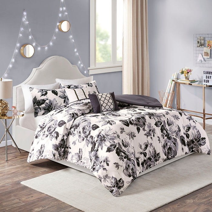 Dorsey - Twin Floral Print Comforter Set - Black / White