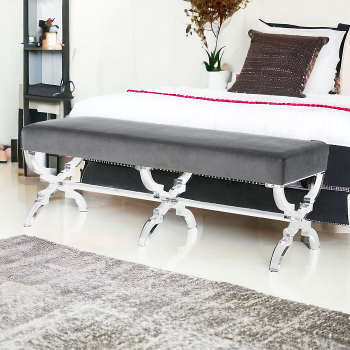 Upholstered Velvet Bench - Clear / Gray