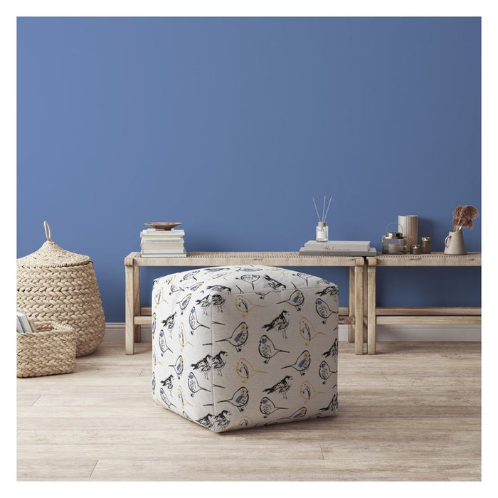 Canvas Birds Pouf Cover - Yellow / White