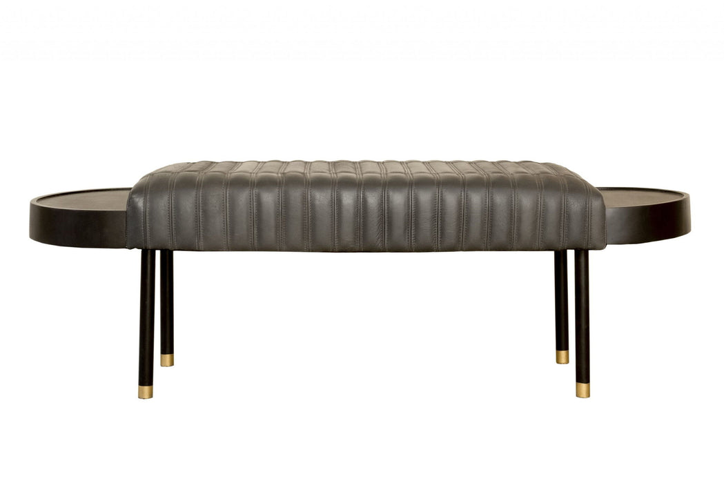 Upholstered Genuine Leather Bench - Dark Gray / Black