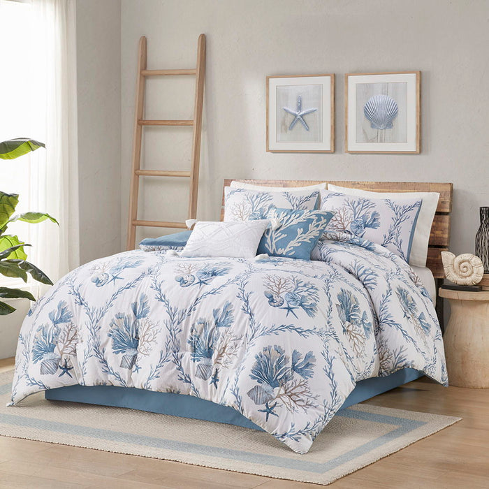 Pismo Beach - 6 Piece King Oversized Cotton Comforter Set With Throw Pillows - Blue/White