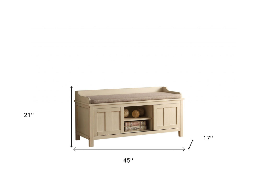 Upholstered Linen Blend Bench With Cabinet - Cream