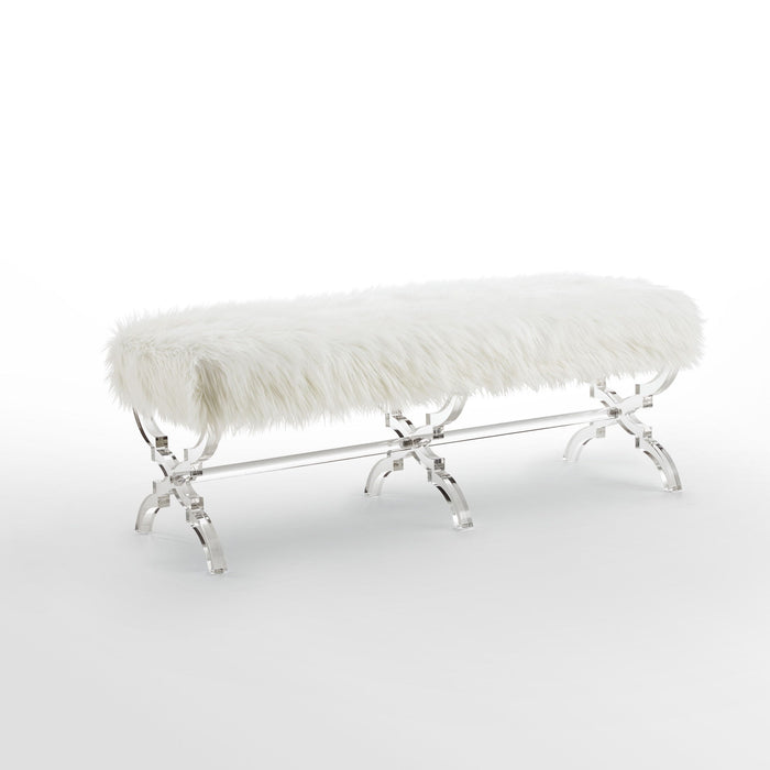 Upholstered Faux Fur Bench - Cream / Clear