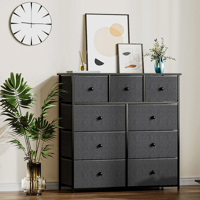 Fabric Bin And Steel Nine Drawer Dresser - Black / Gray