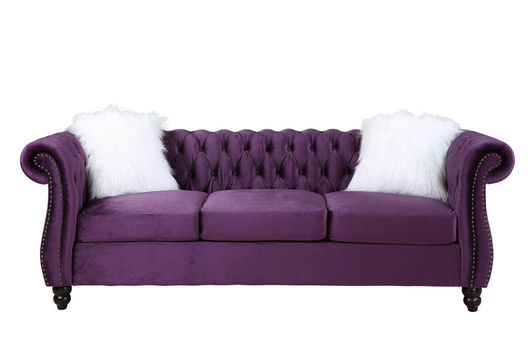 Velvet Sofa And Toss Pillows With Black Legs - Purple