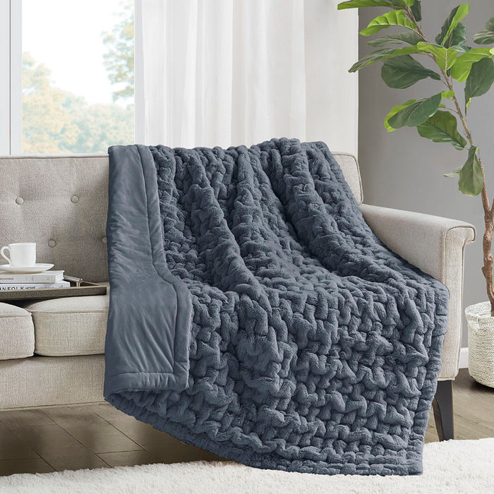 Ruched Fur - Throw - Slate Blue