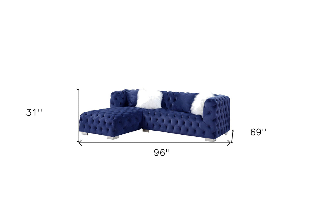 Velvet L Shaped Two Piece Sofa And Chaise Sectional And Toss Pillows - Blue