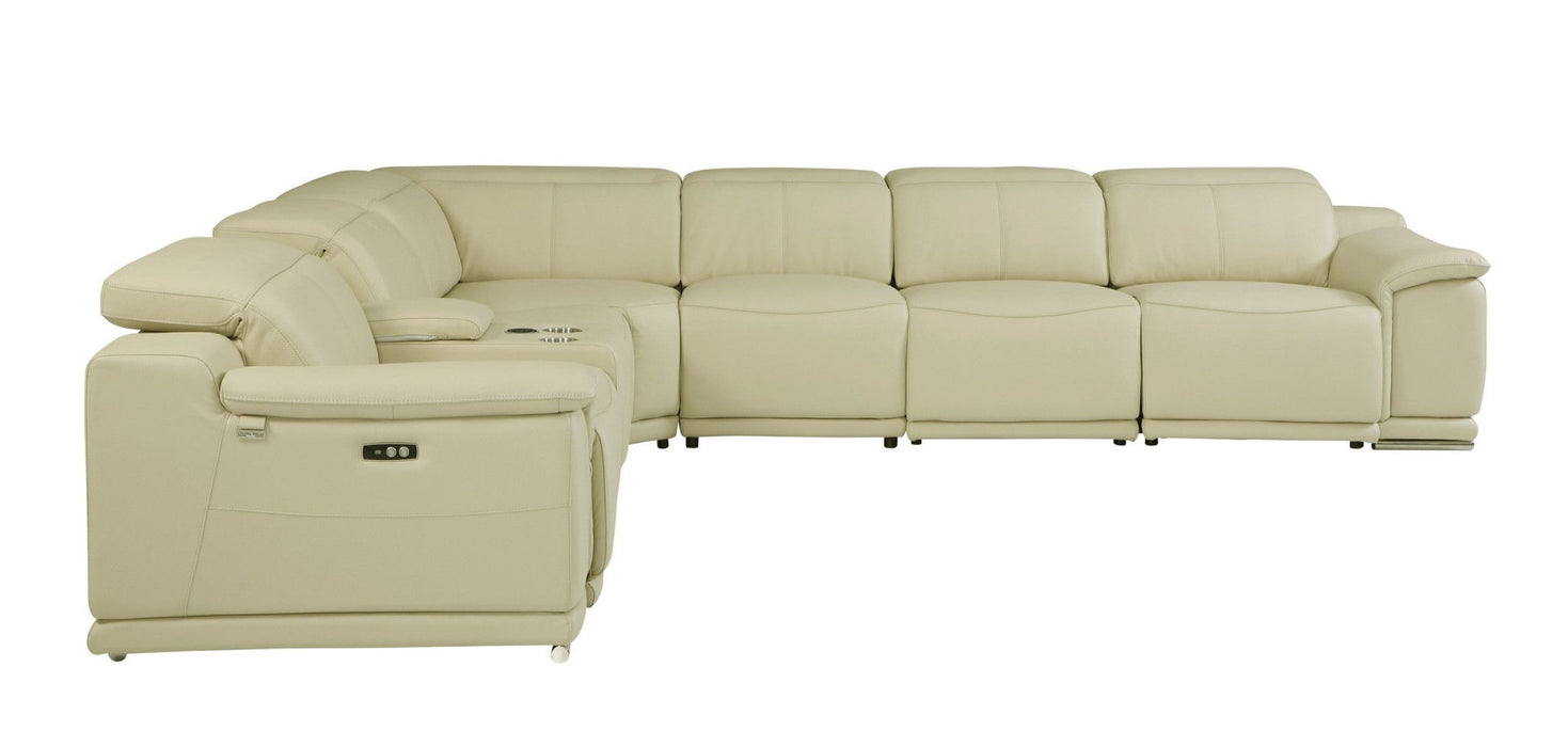 Italian Leather Power Reclining, U Shaped Seven Piece Corner Sectional With Console - Beige