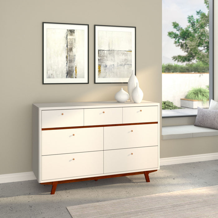 Wood Seven Drawer Double Dresser - Brown / White