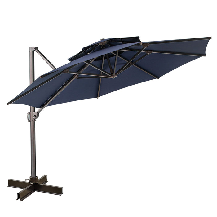 Polyester Round Tilt Cantilever Patio Umbrella With Stand - Navy Blue