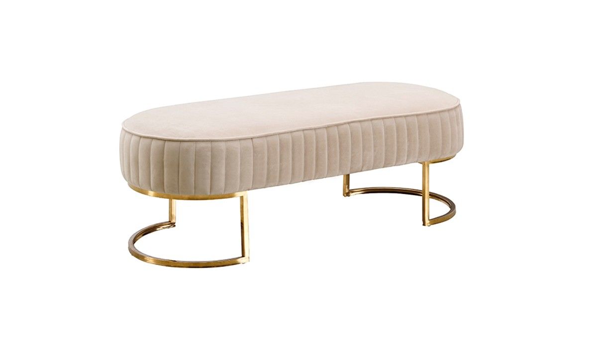 Oval Modern Velvet Bench With Gold Crescent Shaped Base - Beige