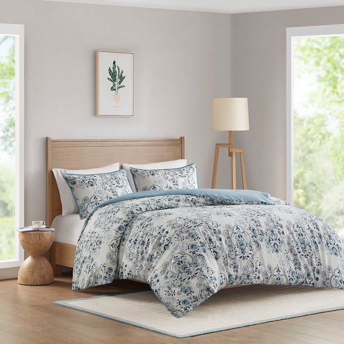 Brielle - 3 Piece Floral Printed Cotton Duvet Cover Set - Light Blue