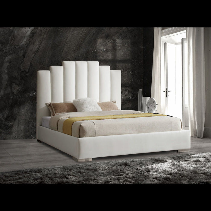 King Upholstered Vertical Channel Faux Leather Bed With USB - White