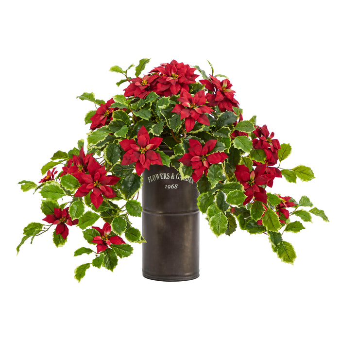 21" Poinsettia and Holly Plant in Planter (Real Touch)