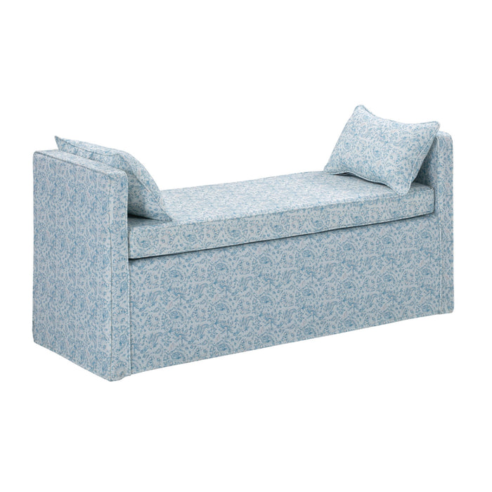 Upholstered Linen Floral Bench - Blue / Black