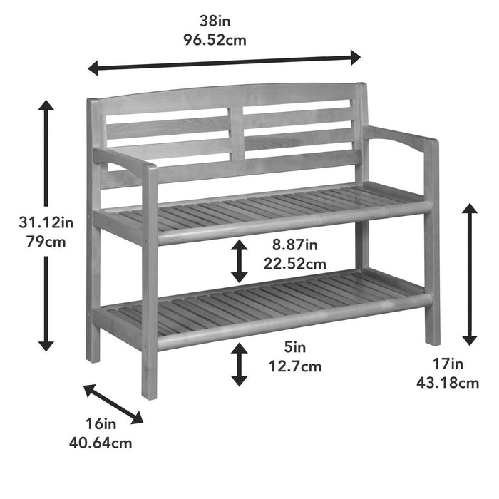 Solid Wood Slat Bench With High Back And Shelf - Espresso Finish