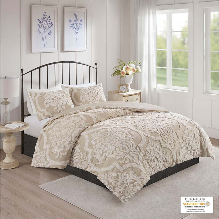 Viola - 3 Piece Tufted Damask Comforter Set - Taupe