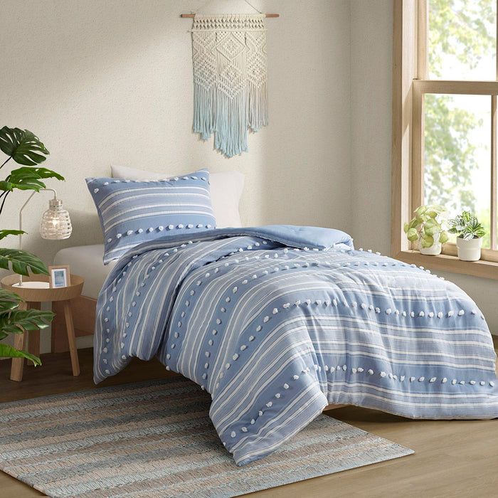 Rowan - Striped Clipped Jacquard Twin Comforter Set - Blue