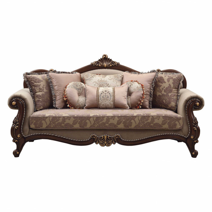 Polyester Blend Curved Floral Sofa And Toss Pillows With Brown Legs - Beige