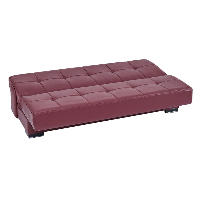 Faux Leather Convertible Futon Sleeper Sofa And Toss Pillows With Brown Legs - Burgundy