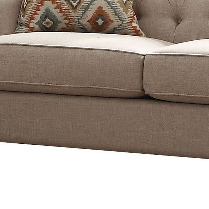 Linen Curved Loveseat And Toss Pillows - Beige / Dark Brown