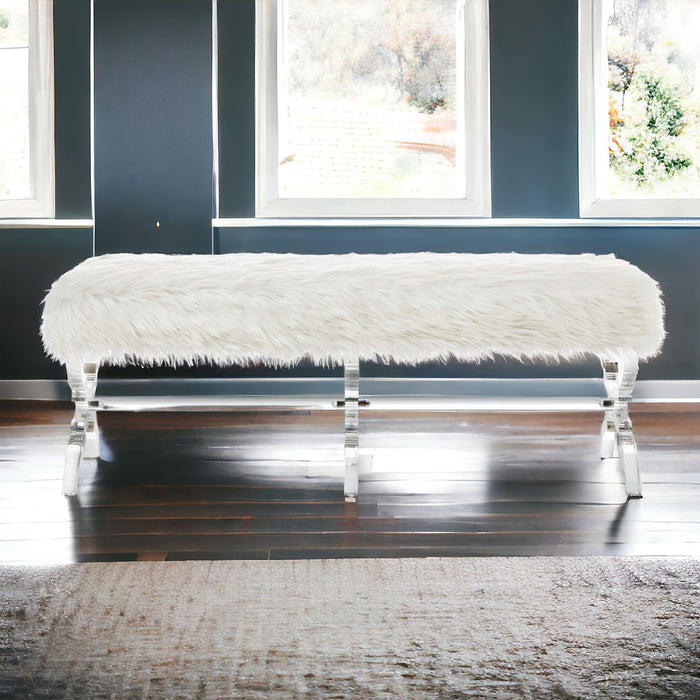 Upholstered Faux Fur Bench - Cream / Clear