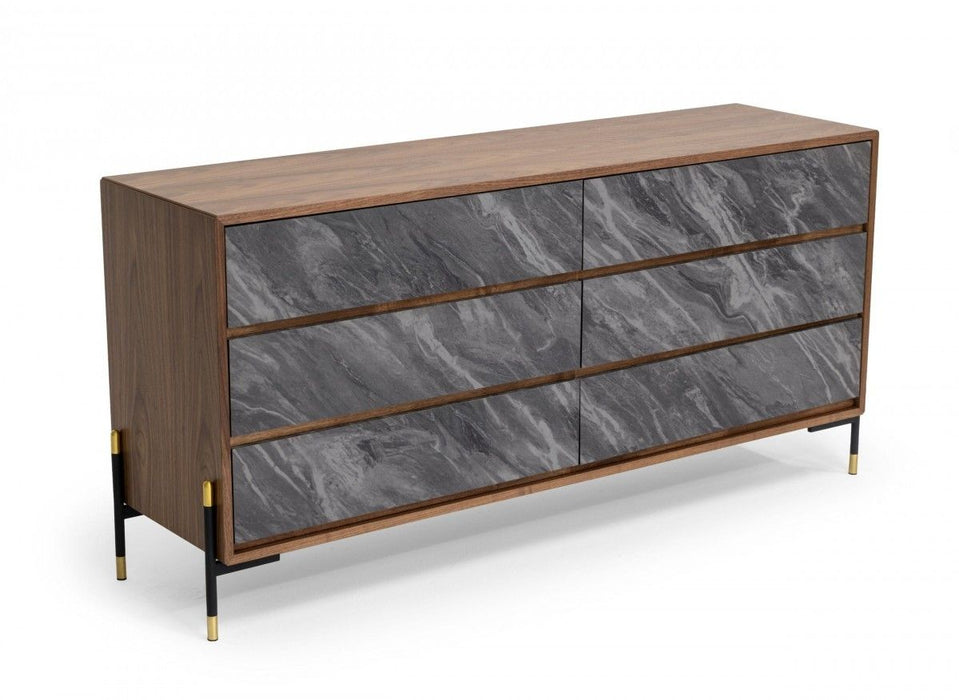 Faux Marble Wood Six Drawer Double Dresser - Walnut And Gray