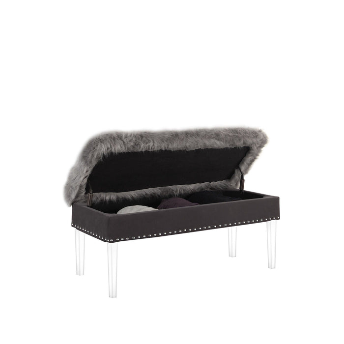 Upholstered Faux Fur Bench With Flip Top - Gray / Clear