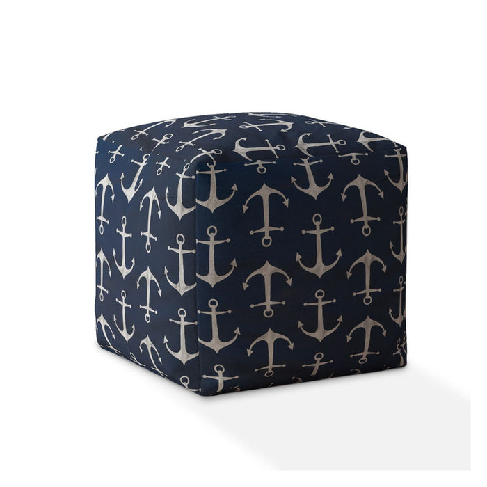 Twill Anchor Pouf Cover - Blue