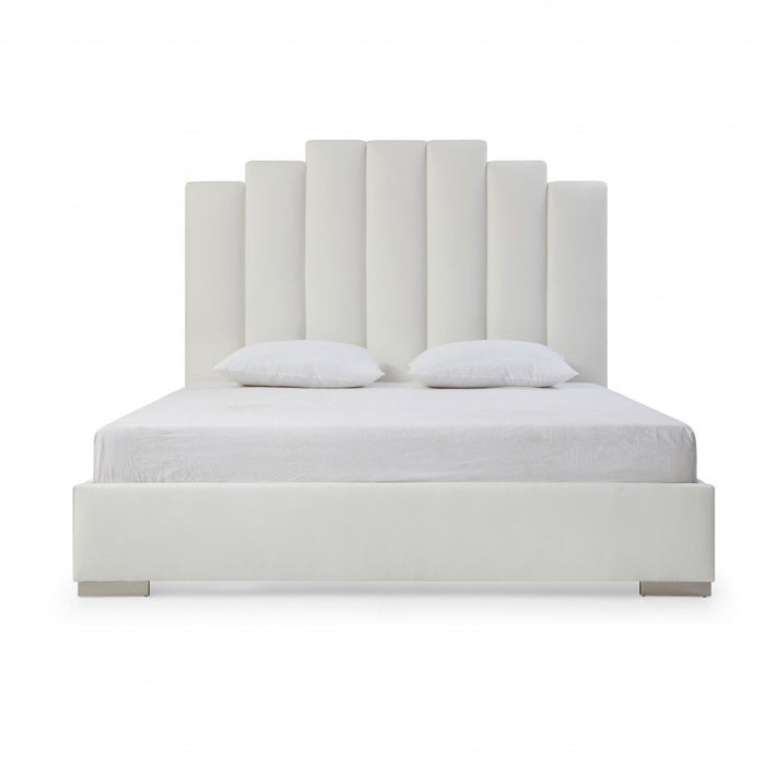 King Upholstered Vertical Channel Faux Leather Bed With USB - White