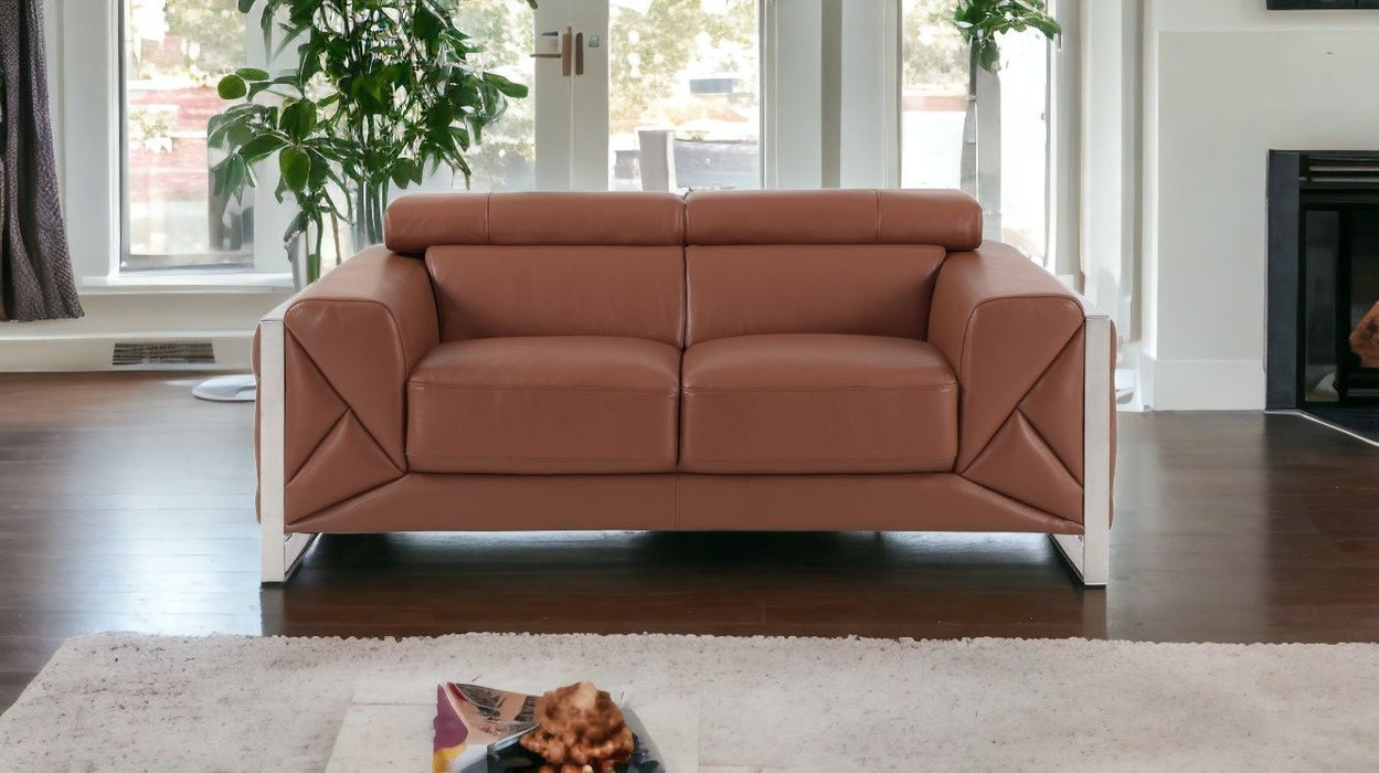 Italian Leather Loveseat - Camel / Silver