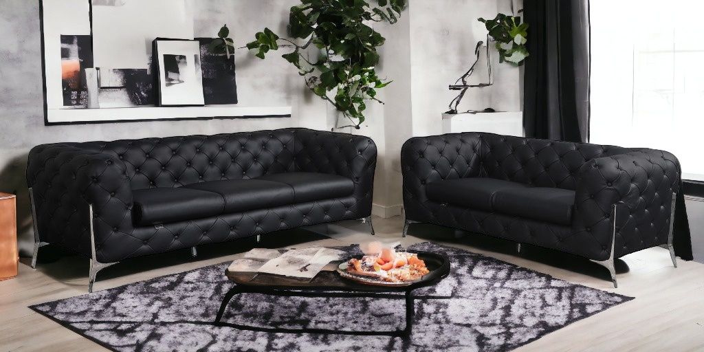 2 Piece Five Person Seating Set Indoor Italian Leather - Black