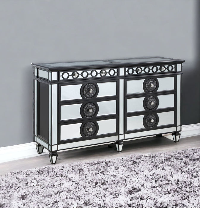 Solid Wood Mirrored Eight Drawer Double Dresser - Black / Silver