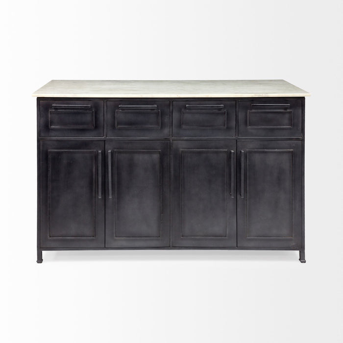 Solid Iron Body Marble Top Kitchen Island With 4 Drawer - Black / White