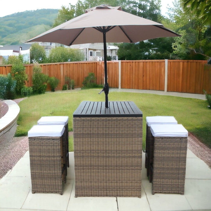 Six Piece Faux Wicker Outdoor Bar Height Table Set With Umbrella And Stools - Brown / White