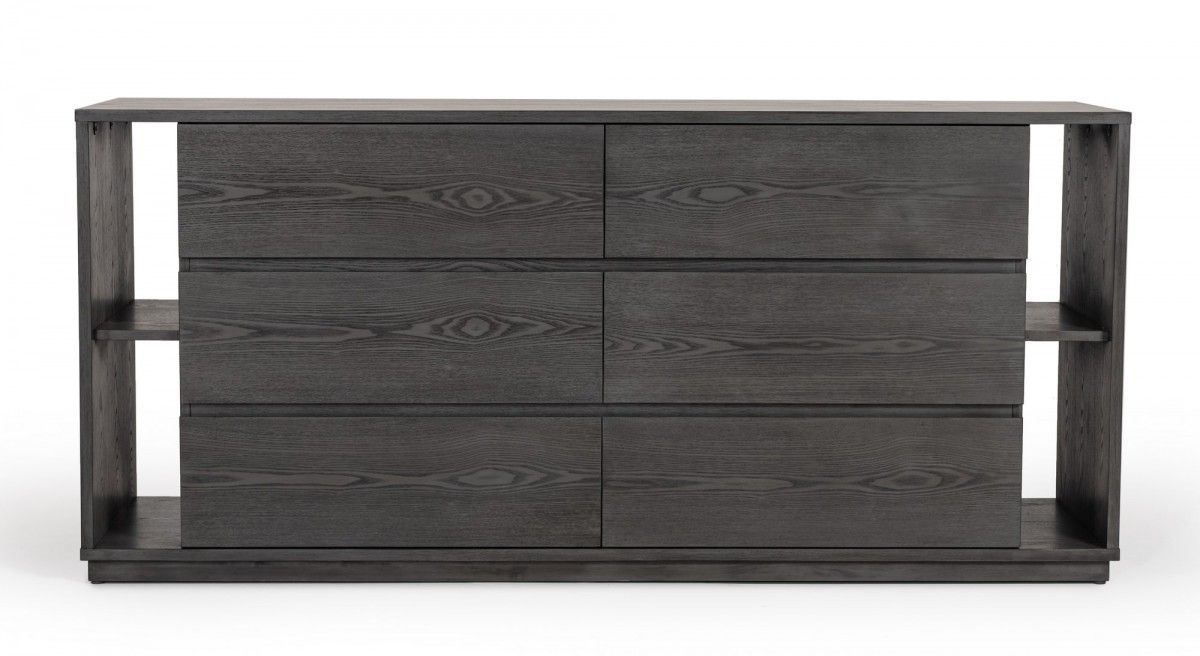 Wooden 6 Drawer Double Dresser - Gray