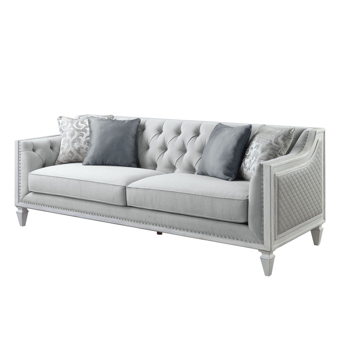 Linen And White Sofa With Four Toss Pillows - Light Gray