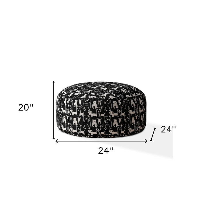 Cotton Round Animal Print Pouf Ottoman - Black