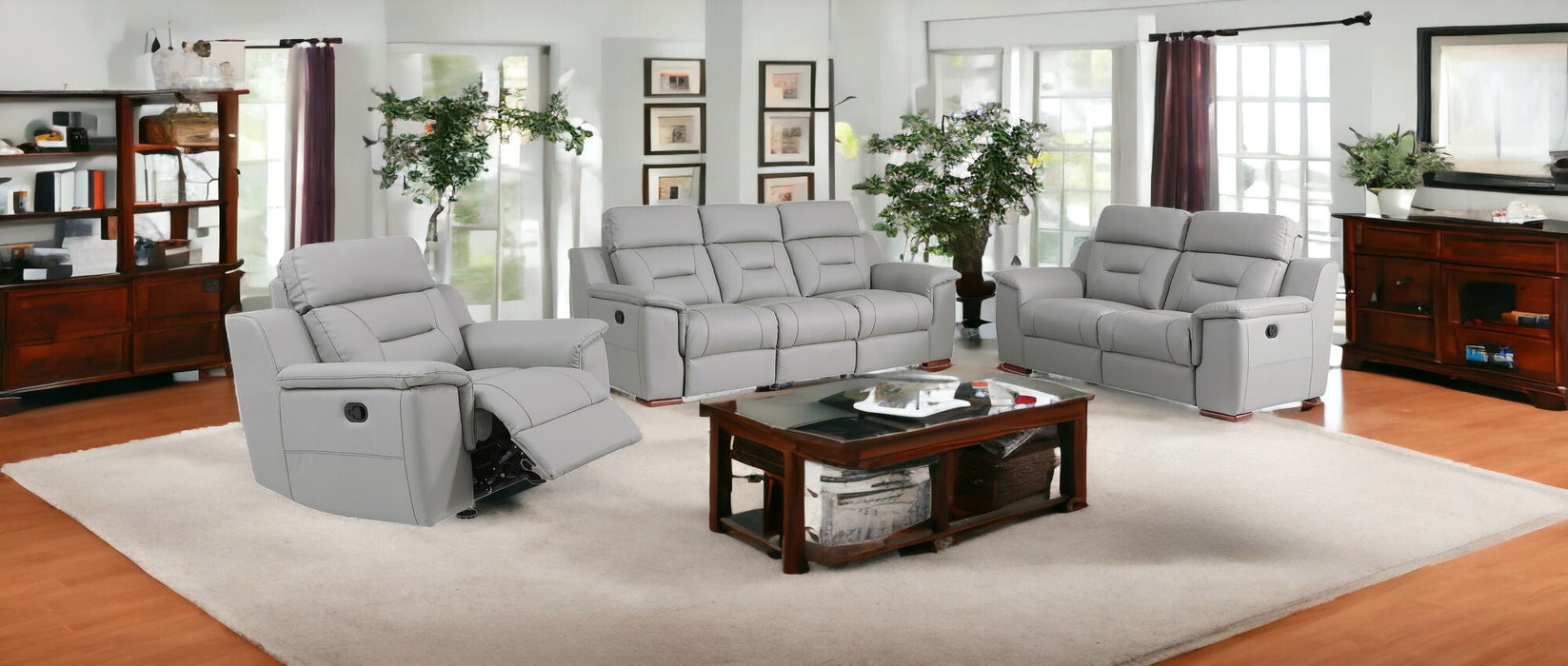 Three Piece Indoor Genuine Leather Five Person Seating Set - Gray