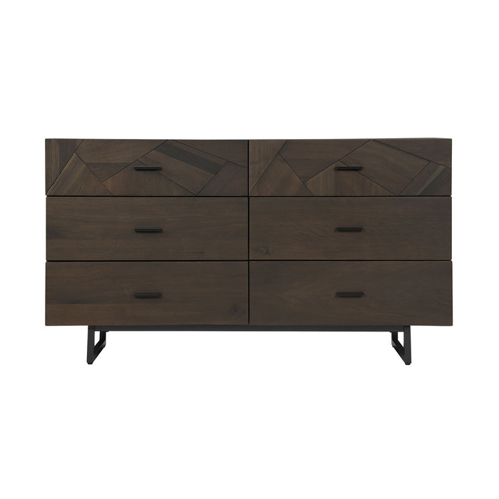 Carved Geometric Solid Wood Six Drawer Double Dresser - Dark Brown