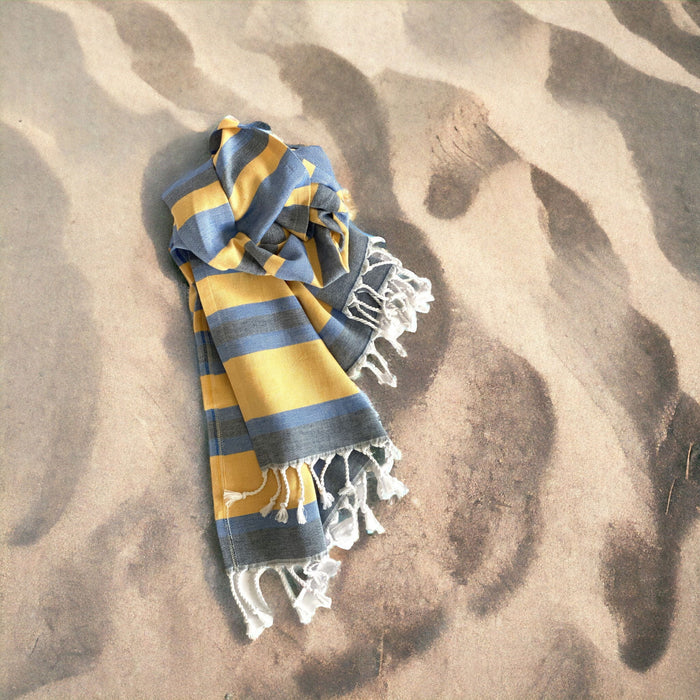 Striped Turkish Towel Beach Blanket - Denim Blue / Yellow