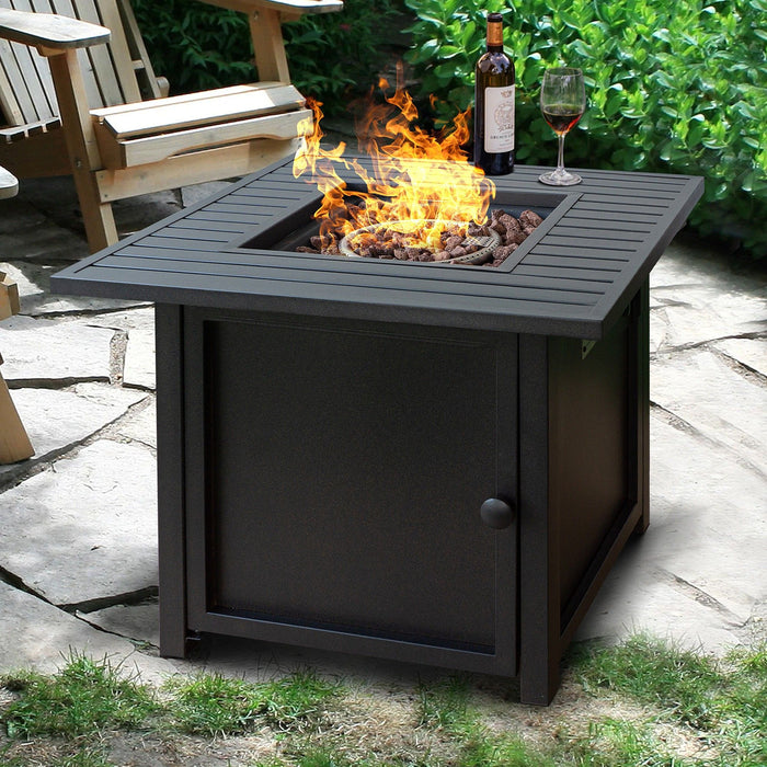 Square Slat Top Fire Pit Table With Lid - Brown